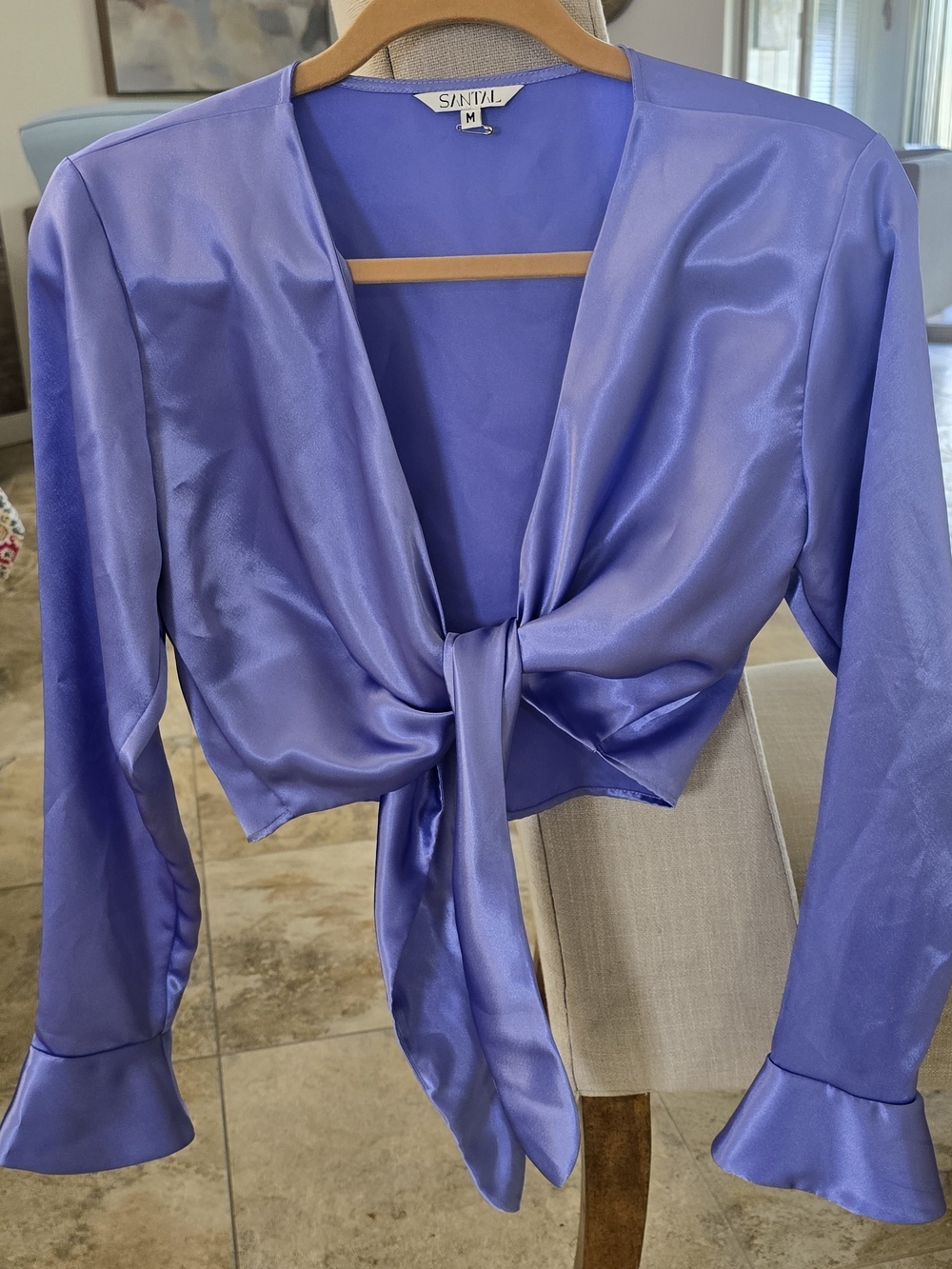 Santel Lavender Tie-Front Satin Blouse